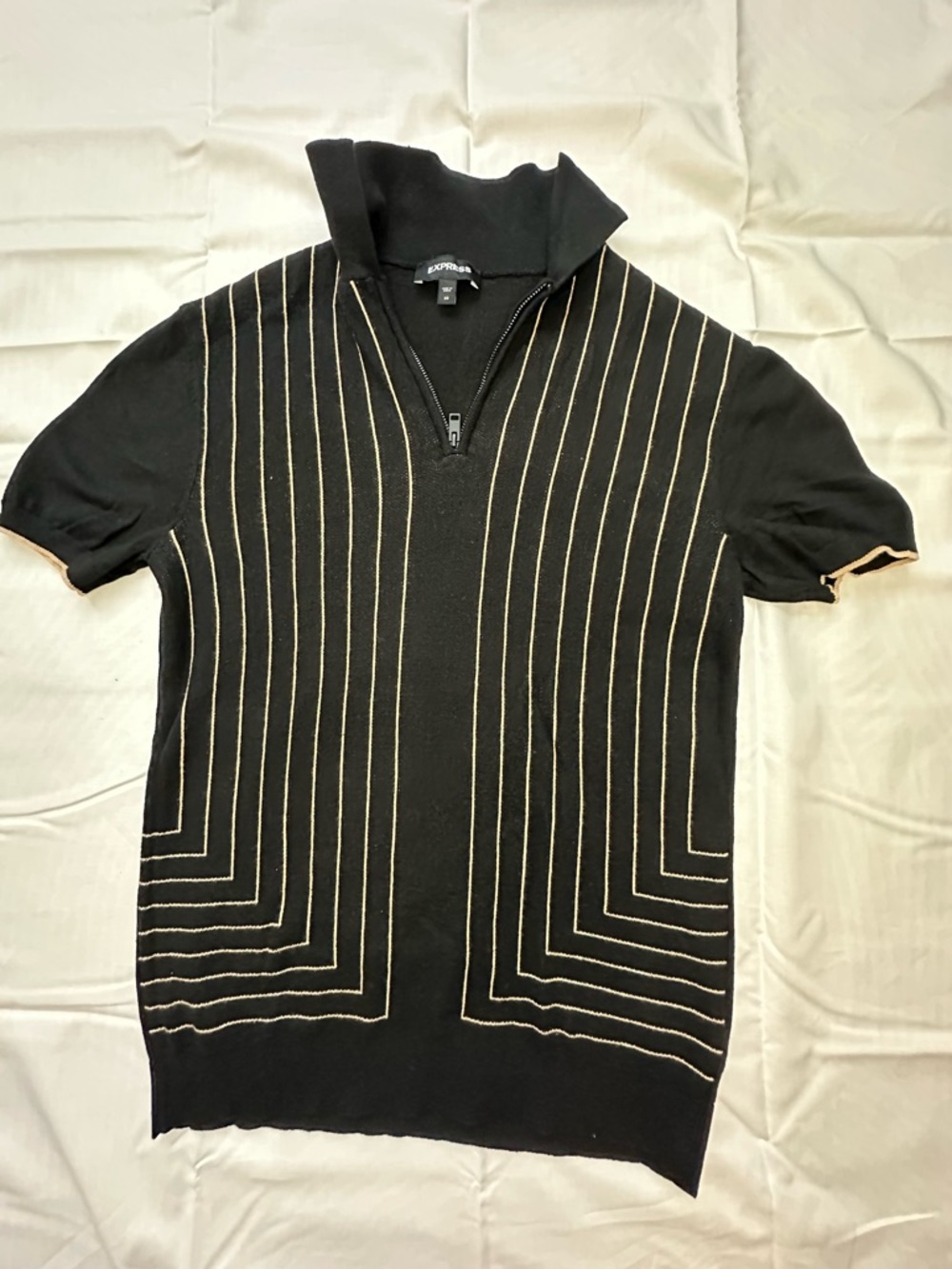 Express Men’s Black Short-Sleeve Zip Polo Sweater with Gold Pinstripe